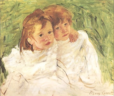 Mary Cassatt, Two Baby sisters hug each other-1870
